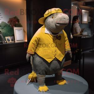 Yellow Glyptodon mascot costume character dressed with a Culottes and Lapel pins