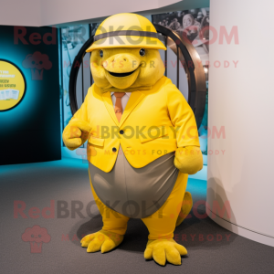 Yellow Glyptodon mascot costume character dressed with a Culottes and Lapel pins