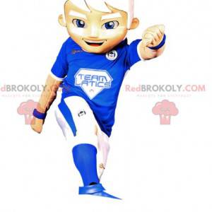 Chłopiec maskotka w niebiesko-białej odzieży sportowej -