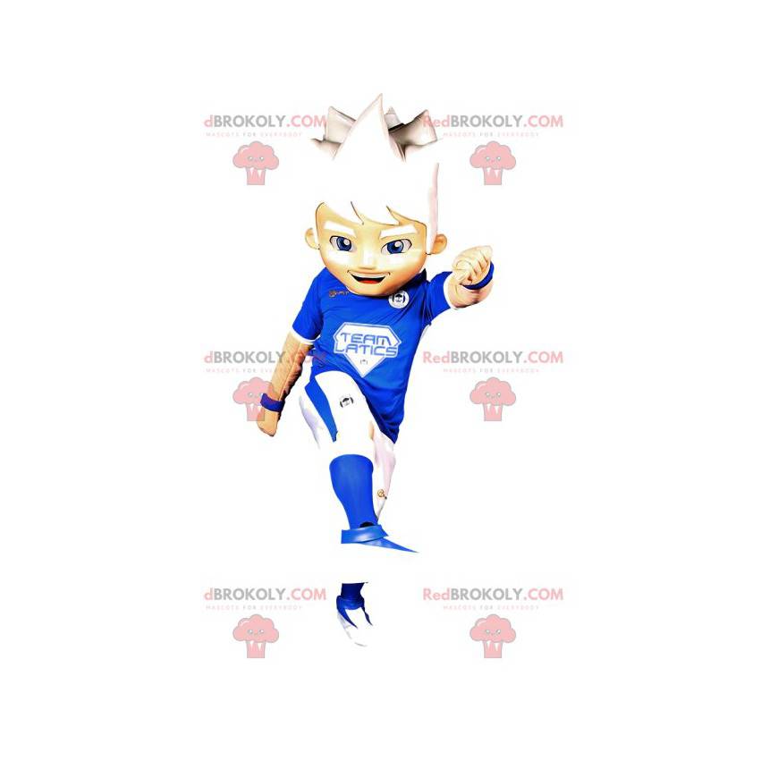 Mascota de niño en ropa deportiva azul y blanca. -