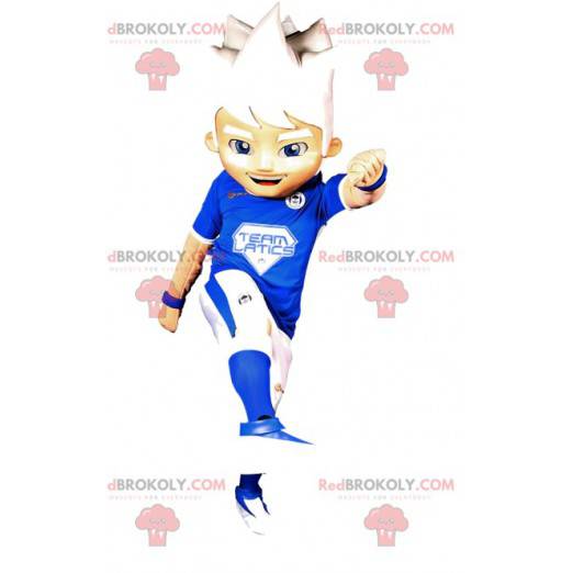 Mascota de niño en ropa deportiva azul y blanca. -