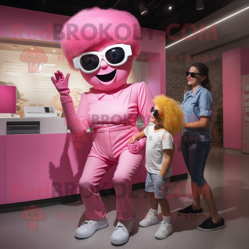 Pink Contortionist mascot costume character dressed with a Mom Jeans and Sunglasses