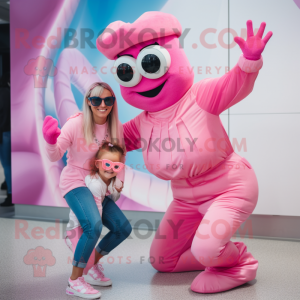 Pink Contortionist mascot costume character dressed with a Mom Jeans and Sunglasses