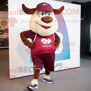 Maroon Beef Wellington mascot costume character dressed with a Running Shorts and Hat pins