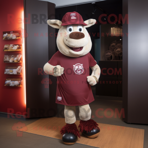 Maroon Beef Wellington mascot costume character dressed with a Running Shorts and Hat pins