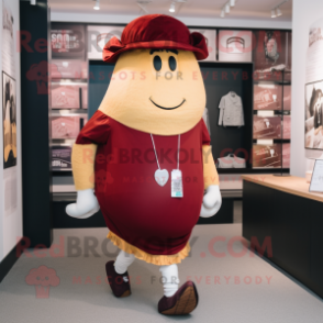 Maroon Beef Wellington mascot costume character dressed with a Running Shorts and Hat pins