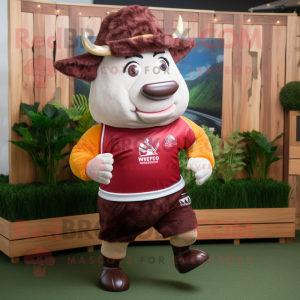Maroon Beef Wellington mascot costume character dressed with a Running Shorts and Hat pins