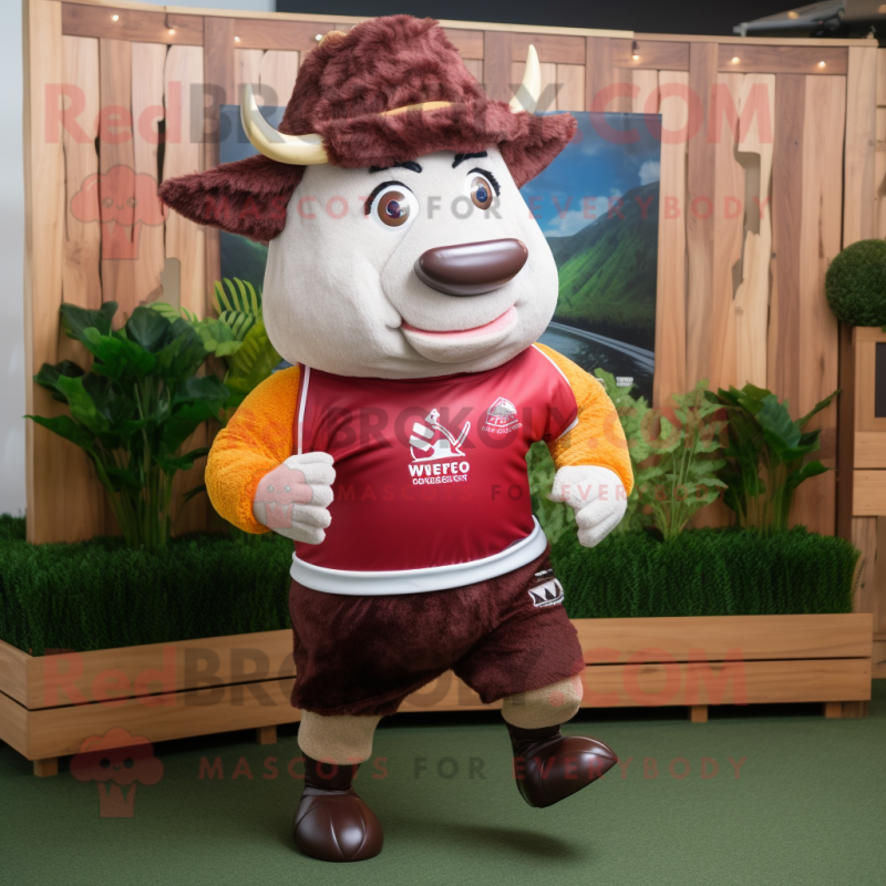 Maroon Beef Wellington mascot costume character dressed with a Running Shorts and Hat pins Maroon Beef Wellington mascot costume character dressed with a Running Shorts and Hat pins
