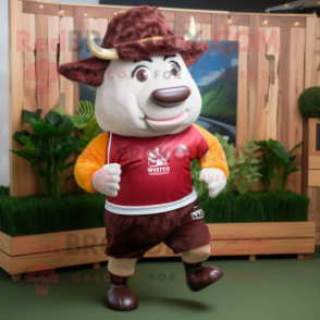 Maroon Beef Wellington mascot costume character dressed with a Running Shorts and Hat pins