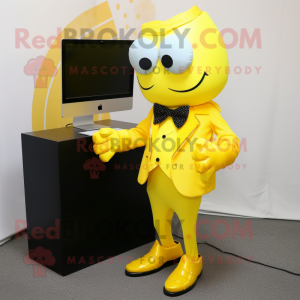 Yellow Computer mascot costume character dressed with a Suit Jacket and Bow ties