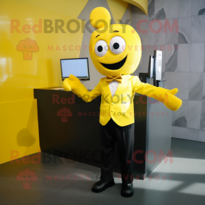 Yellow Computer mascot costume character dressed with a Suit Jacket and Bow ties