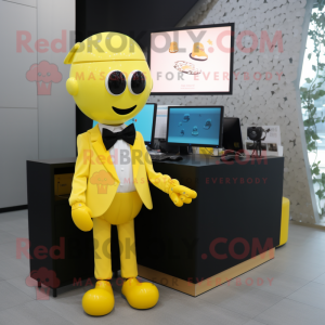 Yellow Computer mascot costume character dressed with a Suit Jacket and Bow ties