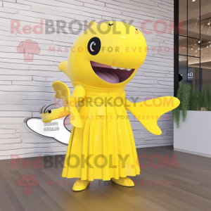 Yellow Humpback Whale mascot costume character dressed with a Dress and Digital watches