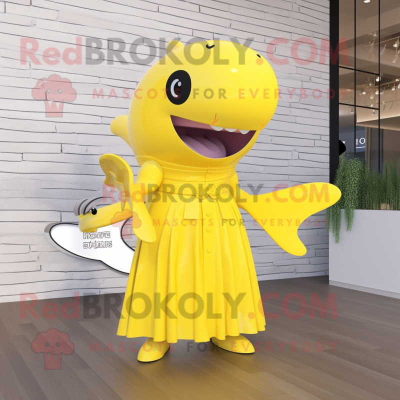 Yellow Humpback Whale mascot costume character dressed with a Dress and Digital watches