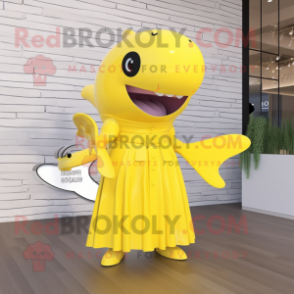 Yellow Humpback Whale mascot costume character dressed with a Dress and Digital watches