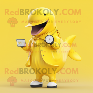 Yellow Humpback Whale mascot costume character dressed with a Dress and Digital watches