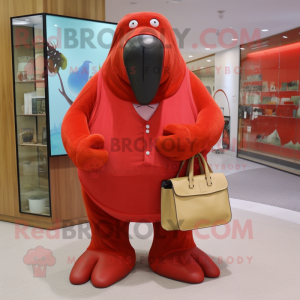 Red Walrus mascot costume character dressed with a Capri Pants and Clutch bags