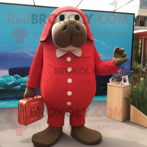 Red Walrus mascot costume character dressed with a Capri Pants and Clutch bags