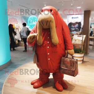 Red Walrus mascot costume character dressed with a Capri Pants and Clutch bags