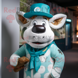 Cyan Jersey Cow mascot costume character dressed with a Waistcoat and Hats