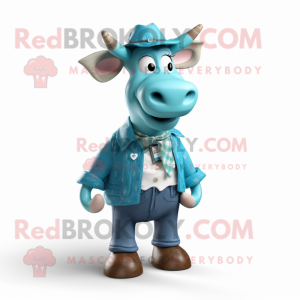 Cyan Jersey Cow mascot costume character dressed with a Waistcoat and Hats