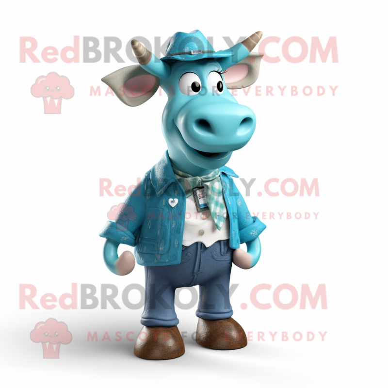Cyan Jersey Cow mascot costume character dressed with a Waistcoat and Hats Cyan Jersey Cow mascot costume character dressed with a Waistcoat and Hats