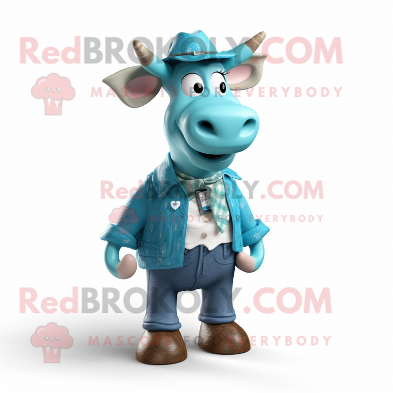 Cyan Jersey Cow mascot costume character dressed with a Waistcoat and Hats