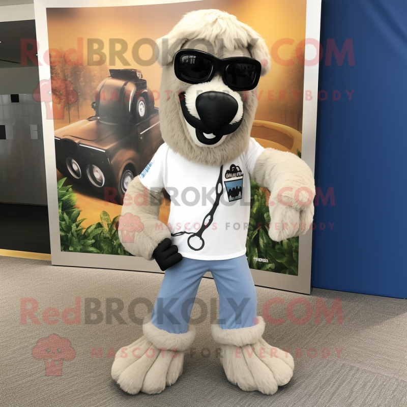 Gray Camel mascot costume character dressed with a Bootcut Jeans and Sunglasses