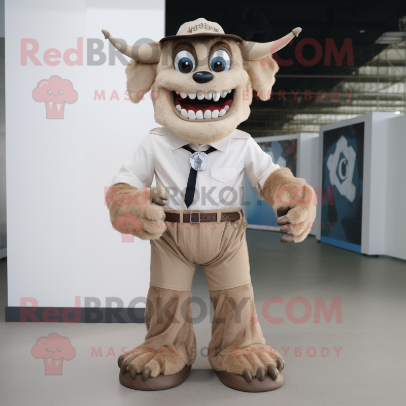 Beige Demon mascot costume character dressed with a Poplin Shirt and Belts