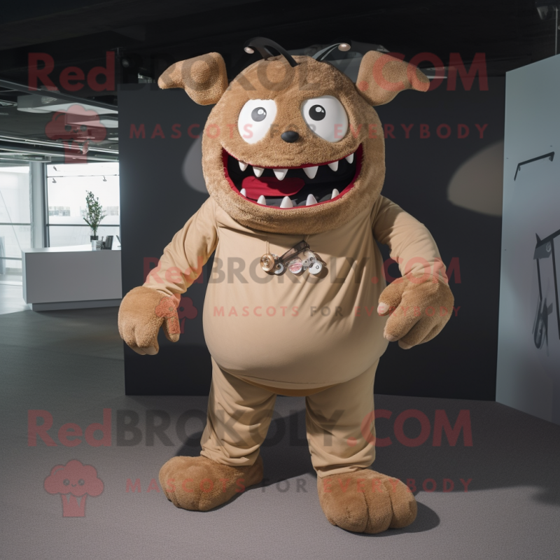 Beige Demon mascot costume character dressed with a Poplin Shirt and Belts