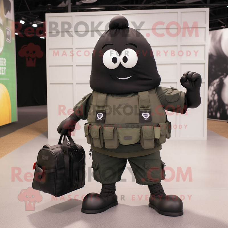 Black Grenade mascot costume character dressed with a Cargo Shorts and Tote bags Black Grenade mascot costume character dressed with a Cargo Shorts and Tote bags