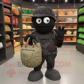 Black Grenade mascot costume character dressed with a Cargo Shorts and Tote bags