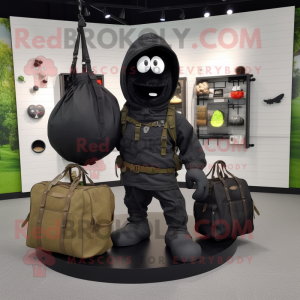 Black Grenade mascot costume character dressed with a Cargo Shorts and Tote bags