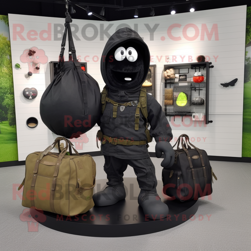 Black Grenade mascot costume character dressed with a Cargo Shorts and Tote bags