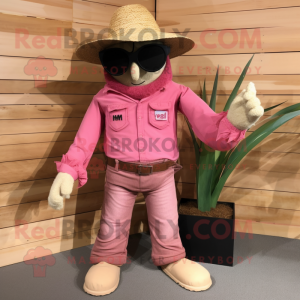 Pink Scarecrow mascot costume character dressed with a Corduroy Pants and Sunglasses
