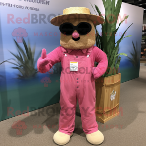 Pink Scarecrow mascot costume character dressed with a Corduroy Pants and Sunglasses