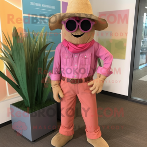 Pink Scarecrow mascot costume character dressed with a Corduroy Pants and Sunglasses