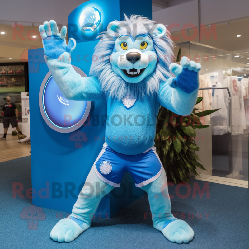 Blue Tamer Lion mascot costume character dressed with a Bikini and Rings