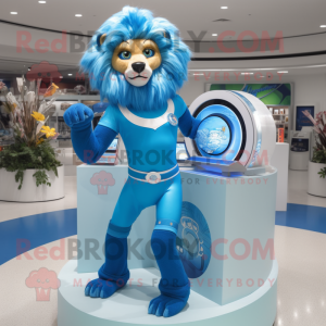 Blue Tamer Lion mascot costume character dressed with a Bikini and Rings