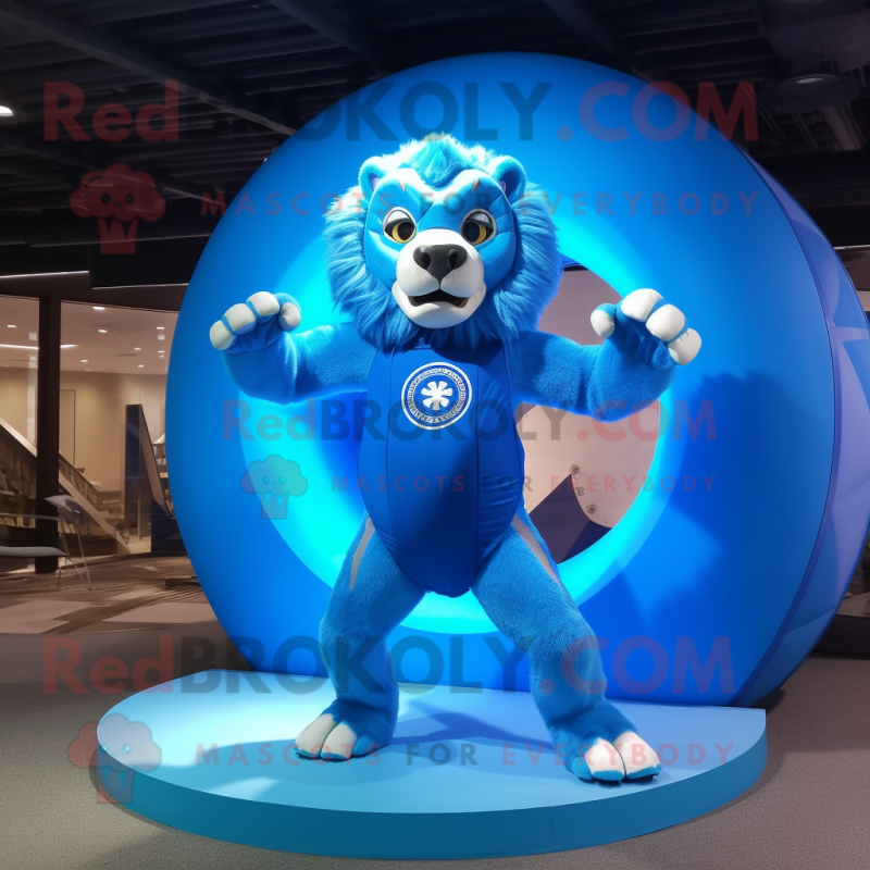 Blue Tamer Lion mascot costume character dressed with a Bikini and Rings