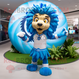 Blue Tamer Lion mascot costume character dressed with a Bikini and Rings