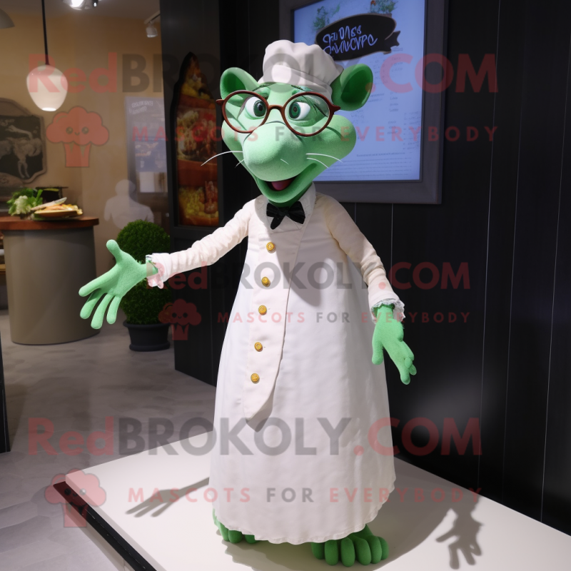Green Ratatouille mascot costume character dressed with a Wedding Dress and Eyeglasses Green Ratatouille mascot costume character dressed with a Wedding Dress and Eyeglasses