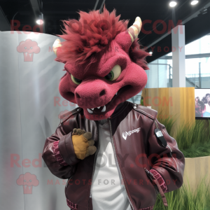 Maroon Dragon mascot costume character dressed with a Leather Jacket and Hair clips