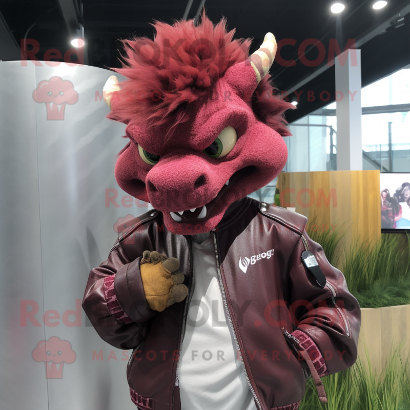Maroon Dragon mascot costume character dressed with a Leather Jacket and Hair clips Maroon Dragon mascot costume character dressed with a Leather Jacket and Hair clips