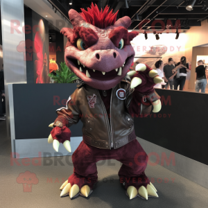 Maroon Dragon mascot costume character dressed with a Leather Jacket and Hair clips