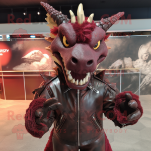 Maroon Dragon mascot costume character dressed with a Leather Jacket and Hair clips