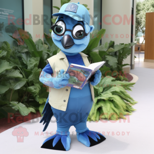 Olive Blue Jay mascot costume character dressed with a Jeans and Reading glasses