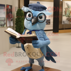 Olive Blue Jay mascot costume character dressed with a Jeans and Reading glasses