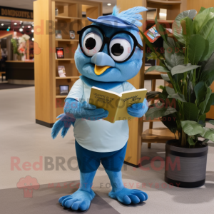 Olive Blue Jay mascot costume character dressed with a Jeans and Reading glasses