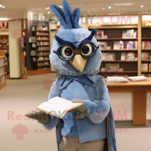 Olive Blue Jay mascot costume character dressed with a Jeans and Reading glasses